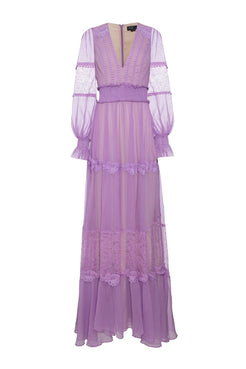 VESTIDO LONGO MANGA RENDA SILKY PLISSÊ LILAS