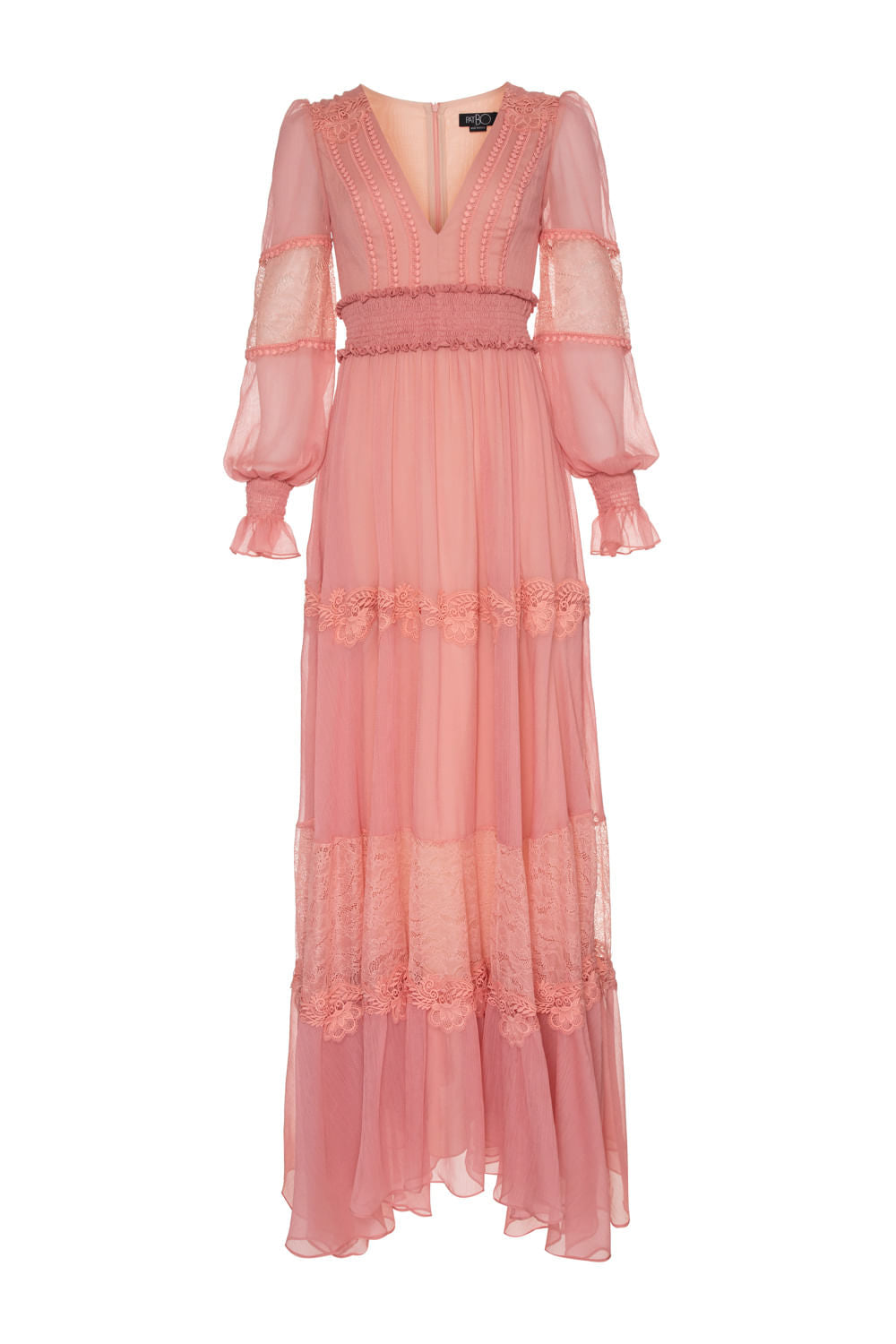 VESTIDO LONGO MANGA RENDA SILKY PLISSÊ ROSA