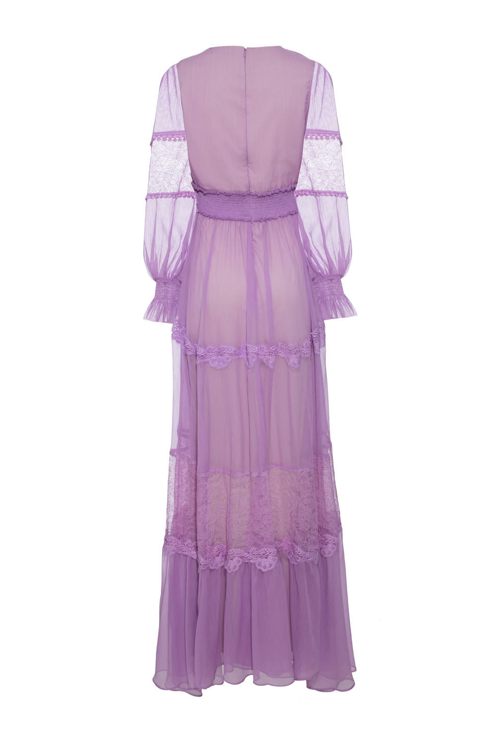 VESTIDO LONGO MANGA RENDA SILKY PLISSÊ LILAS