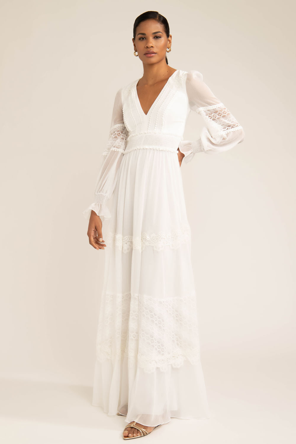 Vestido longo manga renda silky plissê off white