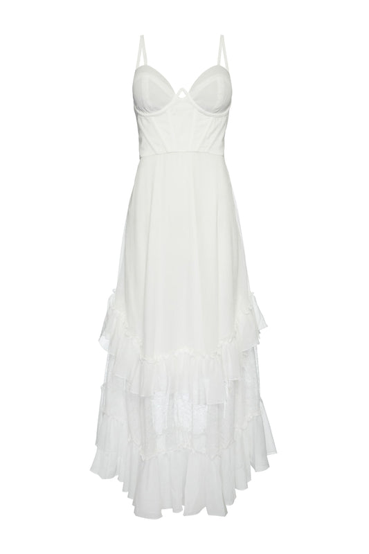 VESTIDO LONGO CORSET SILKY PLISSÊ OFF WHITE