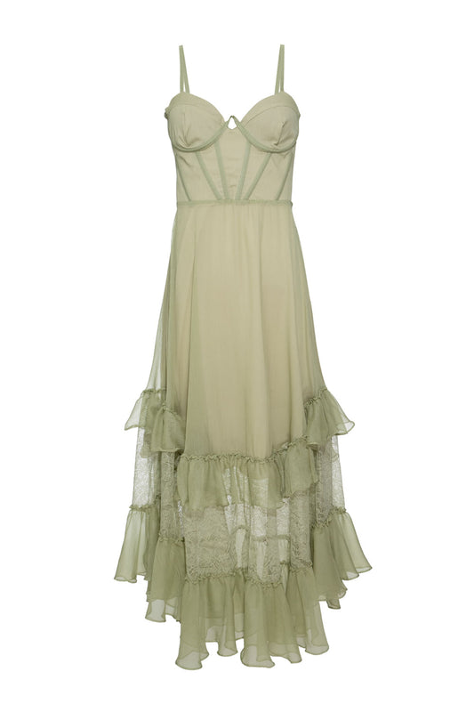 Vestido longo corset silky plissê verde