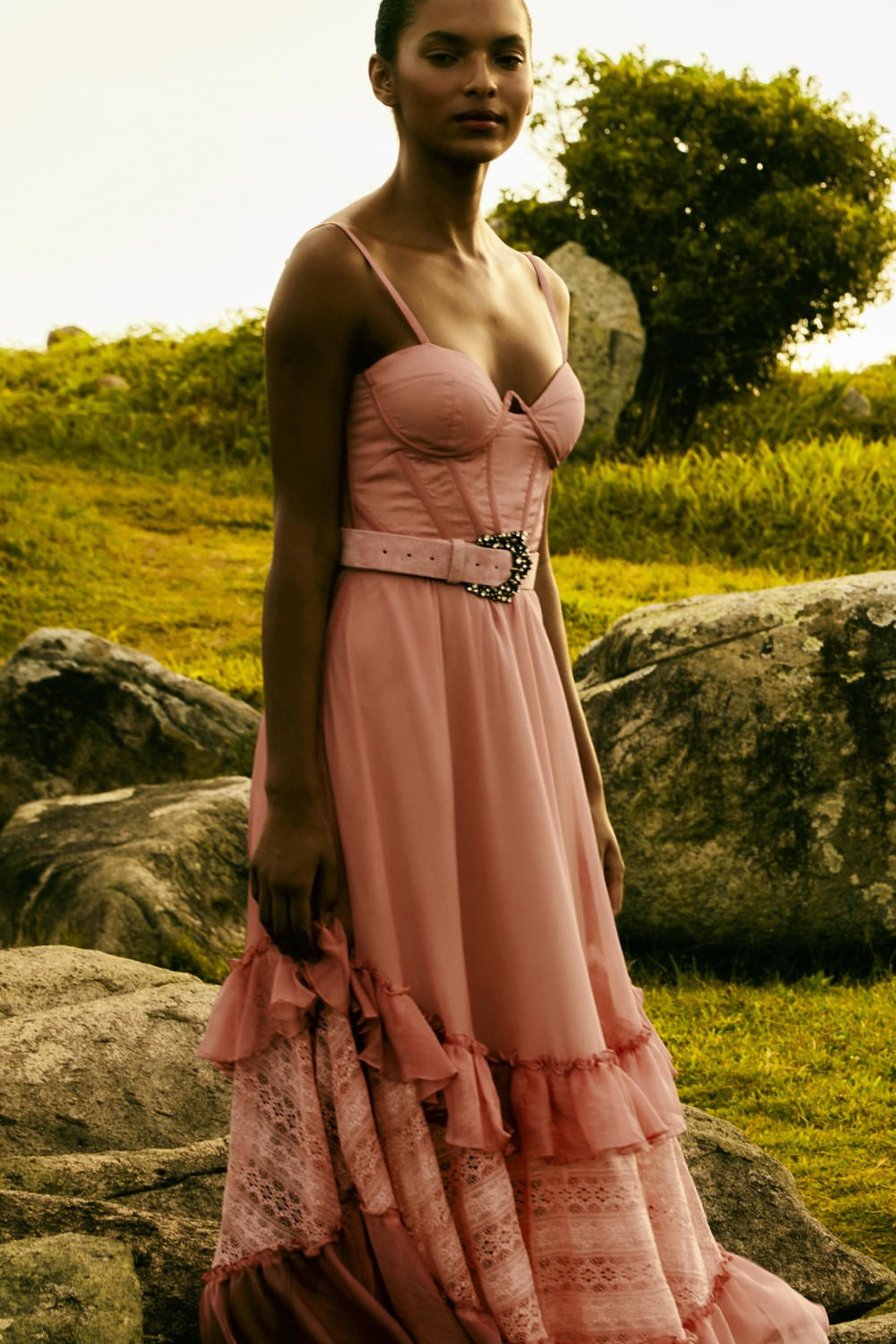VESTIDO LONGO CORSET SILKY PLISSÊ ROSA