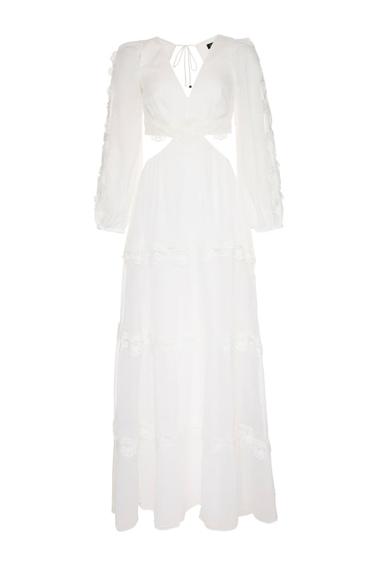 VESTIDO LONGO RECORTES SILKY PLISSÊ OFF WHITE