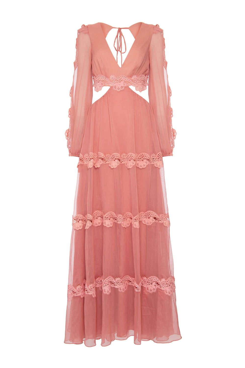 Vestido longo recortes silky plissê rosa