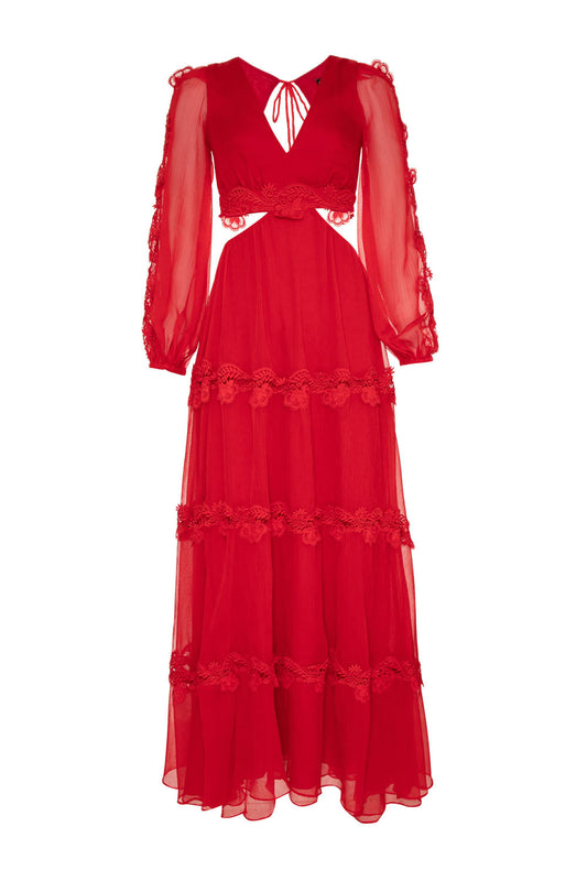 VESTIDO LONGO RECORTES SILKY PLISSÊ VERMELHO