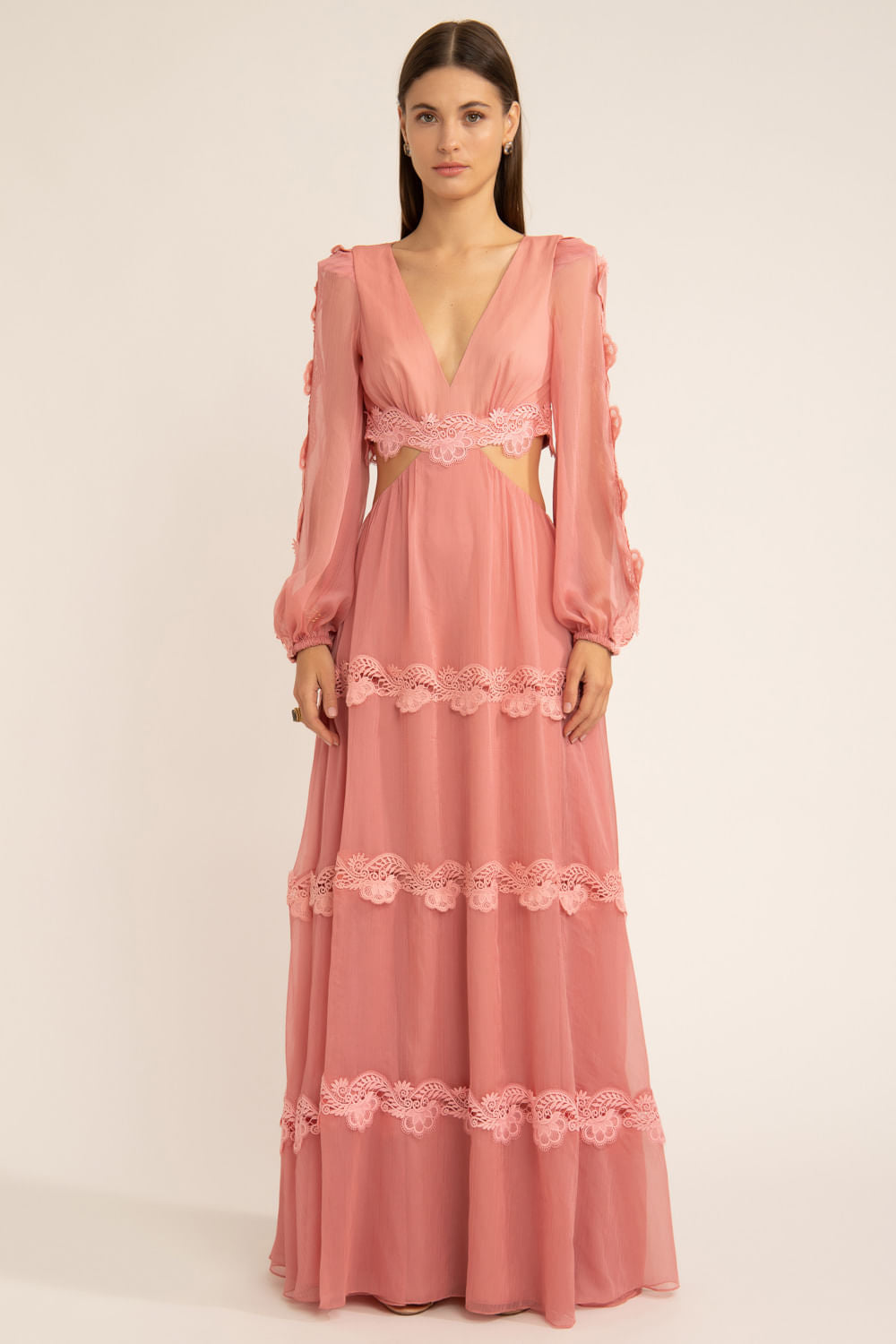 Vestido longo recortes silky plissê rosa