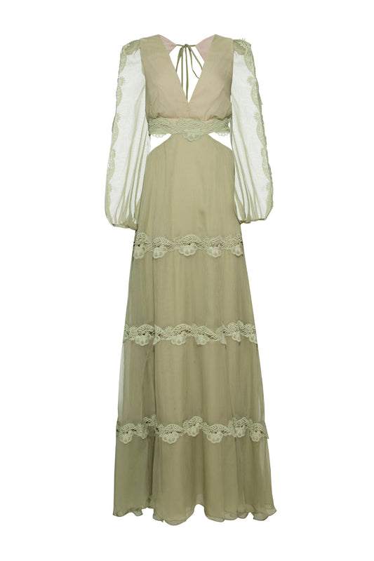 Vestido longo recortes silky plissê verde