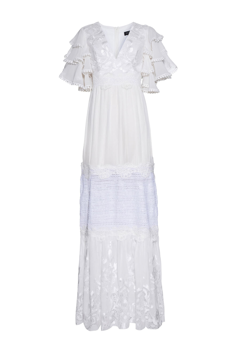 VESTIDO LONGO MANGA BABADO CLEAR LACE OFF WHITE