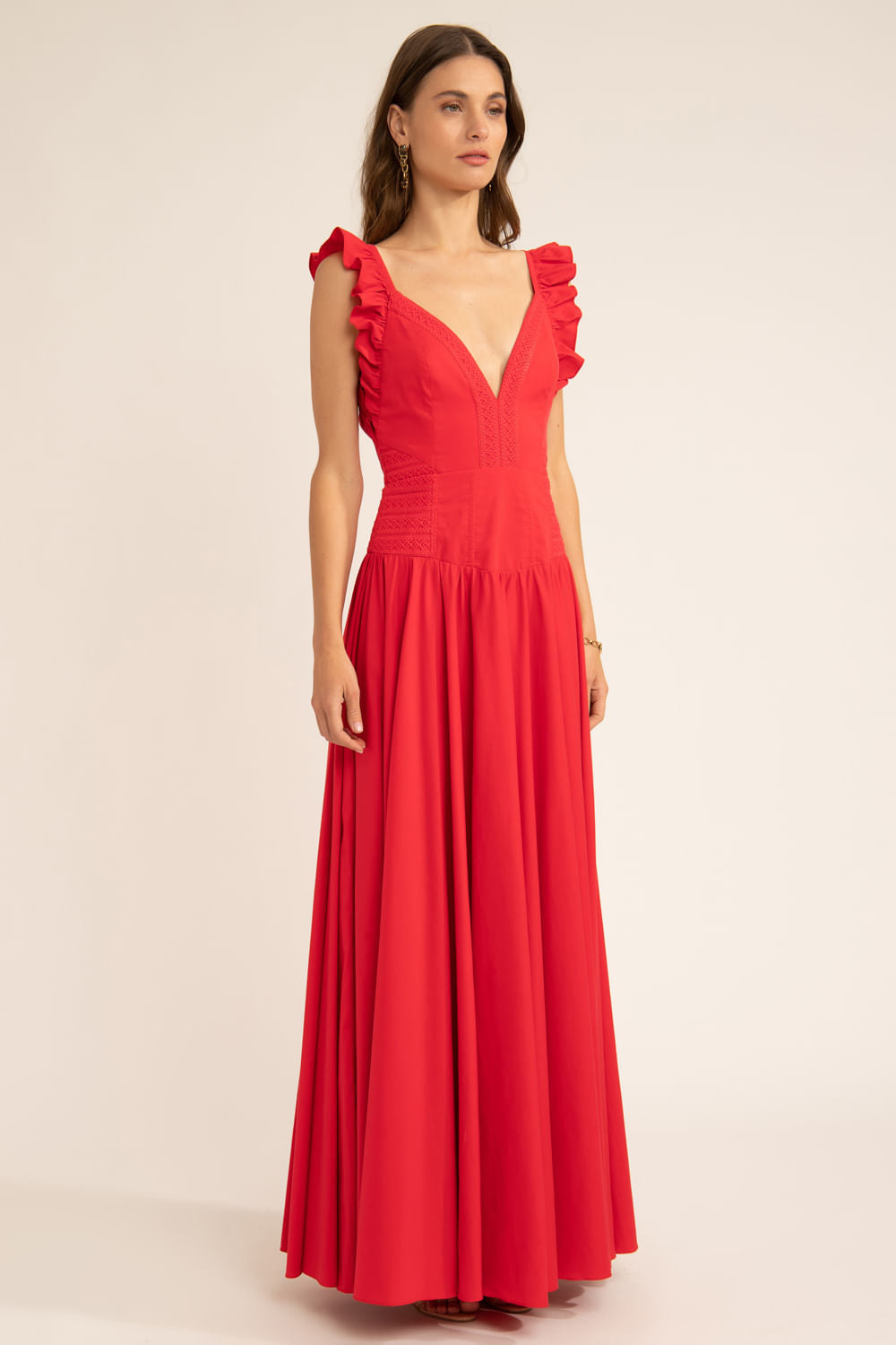 VESTIDO LONGO BABADO SOFT 60'S VERMELHO