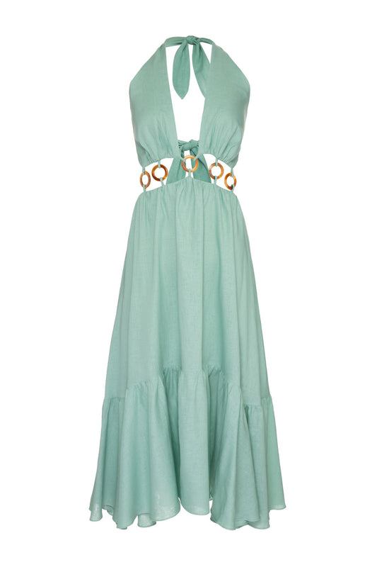 VESTIDO LONGO LINHO ARGOLAS VERDE