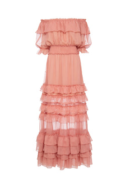 Vestido longo ombro a ombro silky plissê rosa