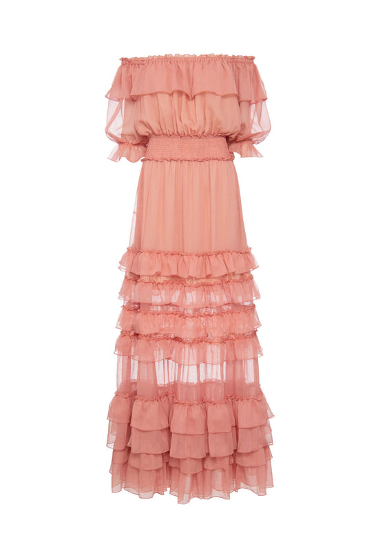 VESTIDO LONGO OMBRO A OMBRO SILKY PLISSÊ ROSA