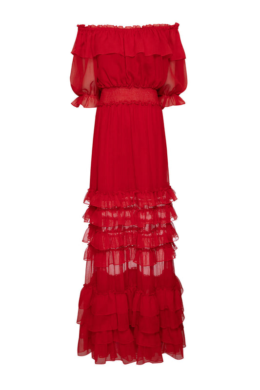 VESTIDO LONGO OMBRO A OMBRO SILKY PLISSÊ VERMELHO