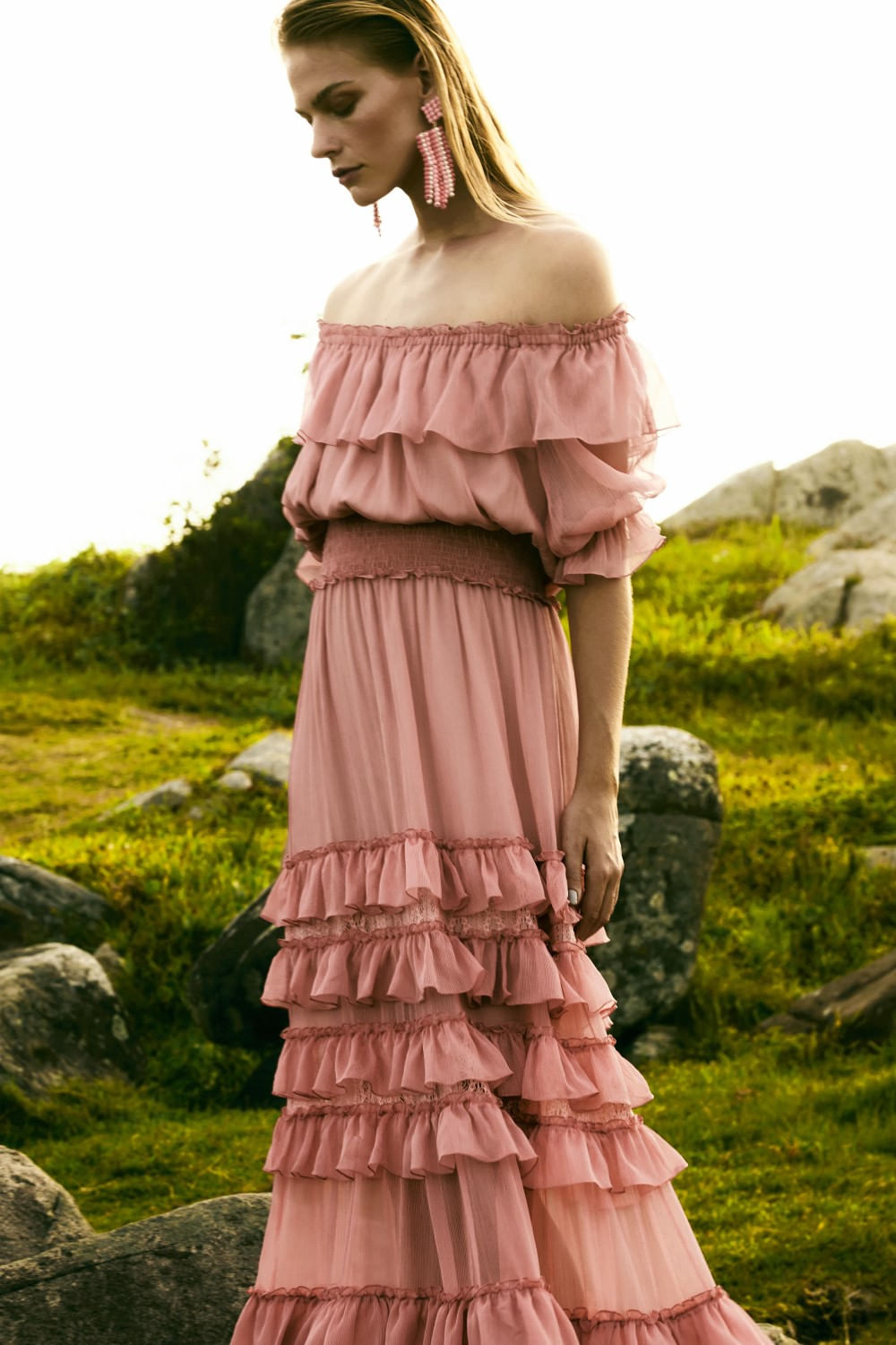 Vestido longo ombro a ombro silky plissê rosa