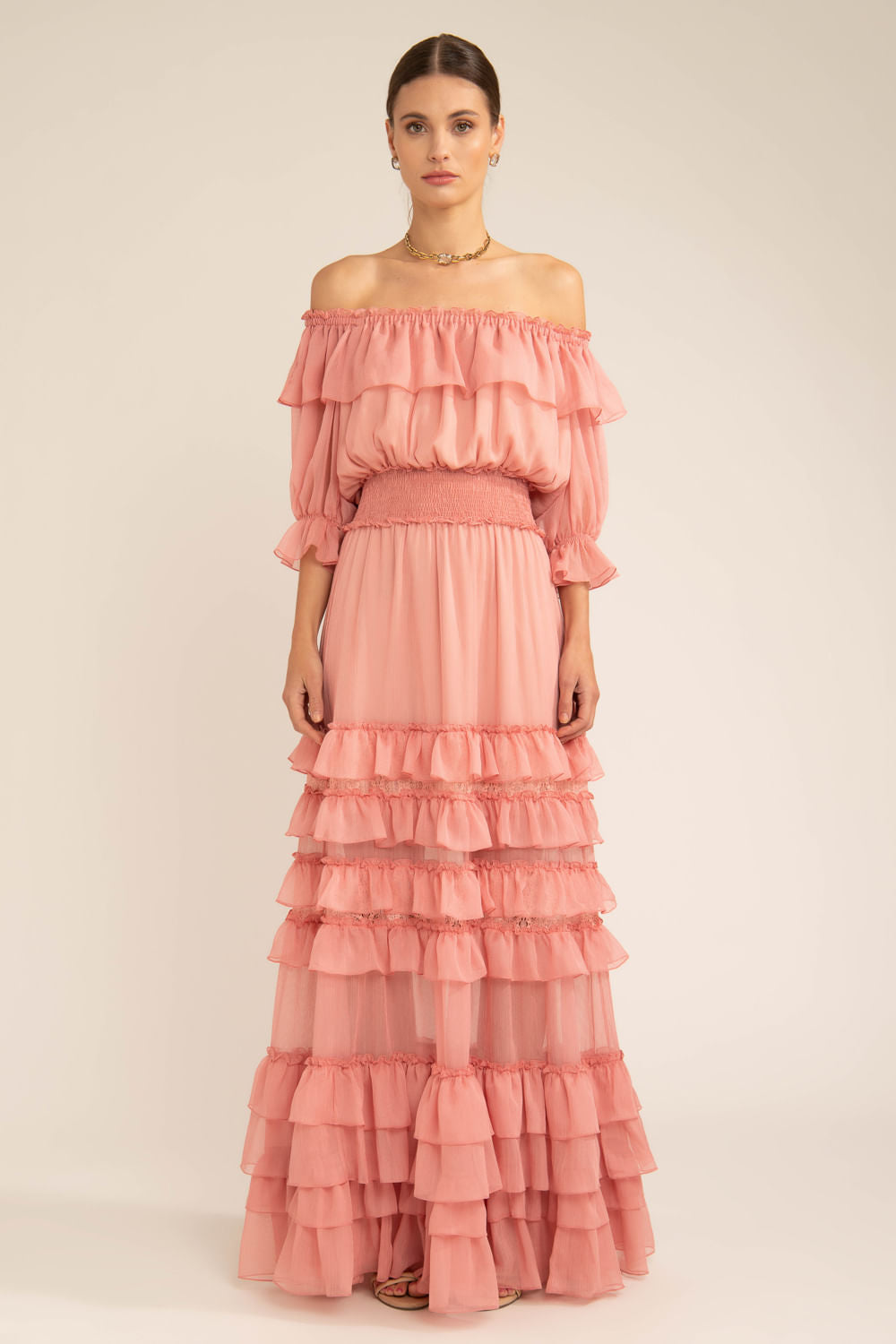 Vestido longo ombro a ombro silky plissê rosa