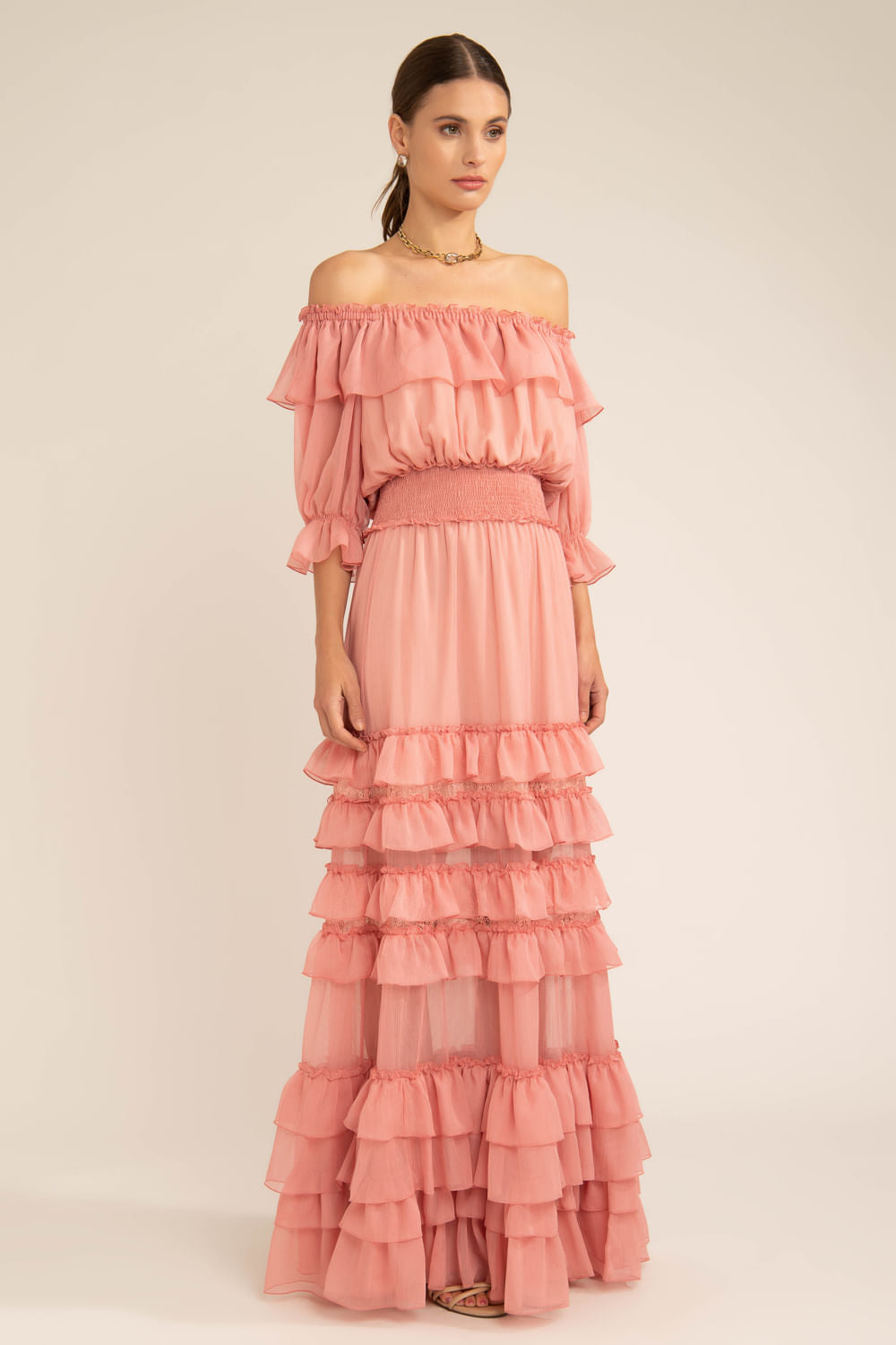 Vestido longo ombro a ombro silky plissê rosa
