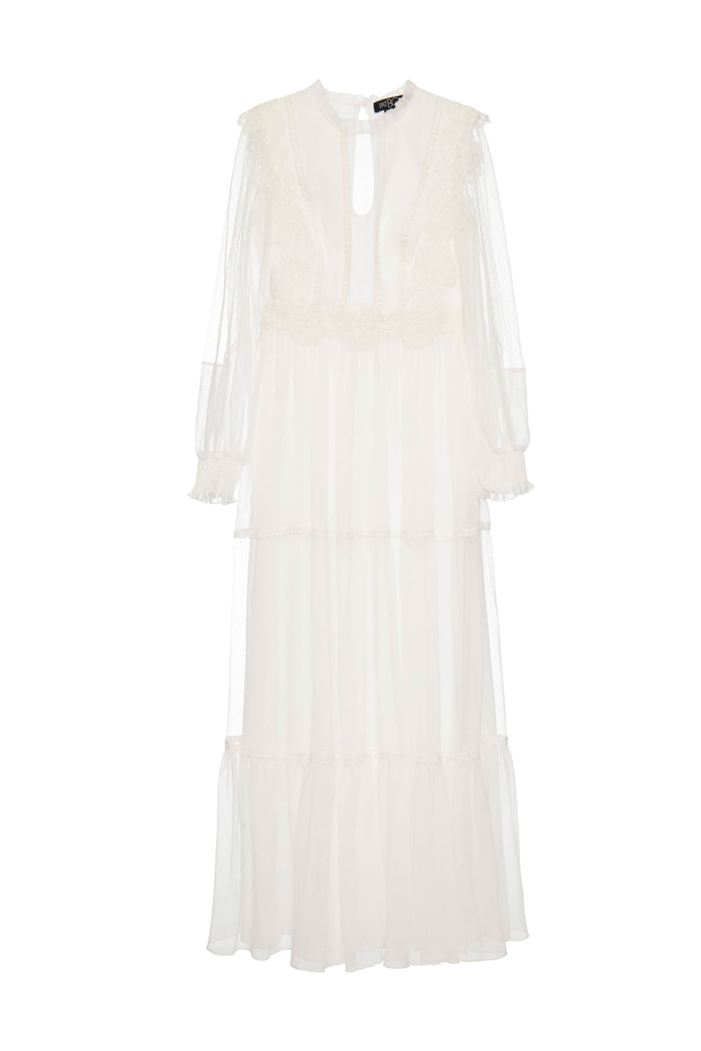 VESTIDO LONGO TULE POÁ SILKY PLISSÊ OFF WHITE