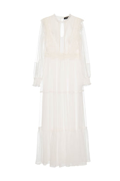 VESTIDO LONGO TULE POÁ SILKY PLISSÊ OFF WHITE