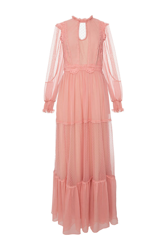 VESTIDO LONGO TULE POÁ SILKY PLISSÊ ROSA
