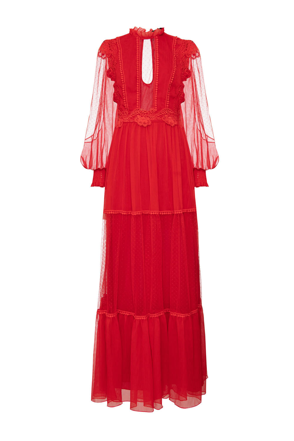 VESTIDO LONGO TULE POÁ SILKY PLISSÊ VERMELHO