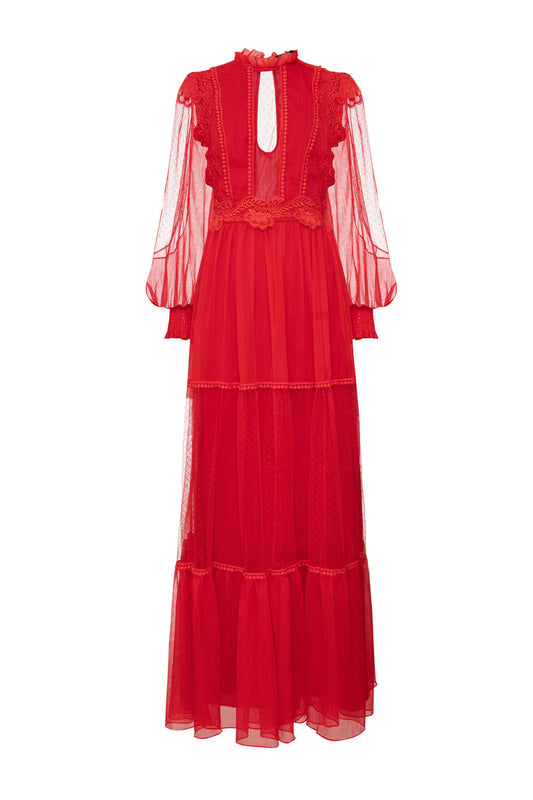VESTIDO LONGO TULE POÁ SILKY PLISSÊ VERMELHO