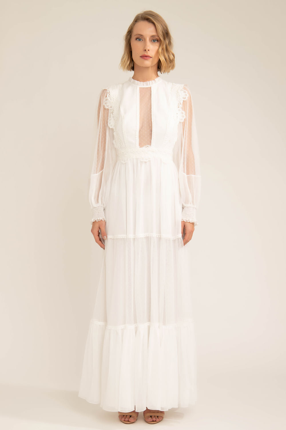 VESTIDO LONGO TULE POÁ SILKY PLISSÊ OFF WHITE