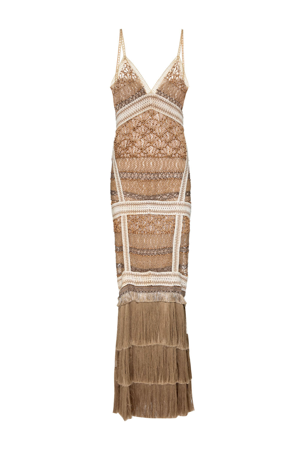 VESTIDO LONGO FRINGES BEGE CLARO