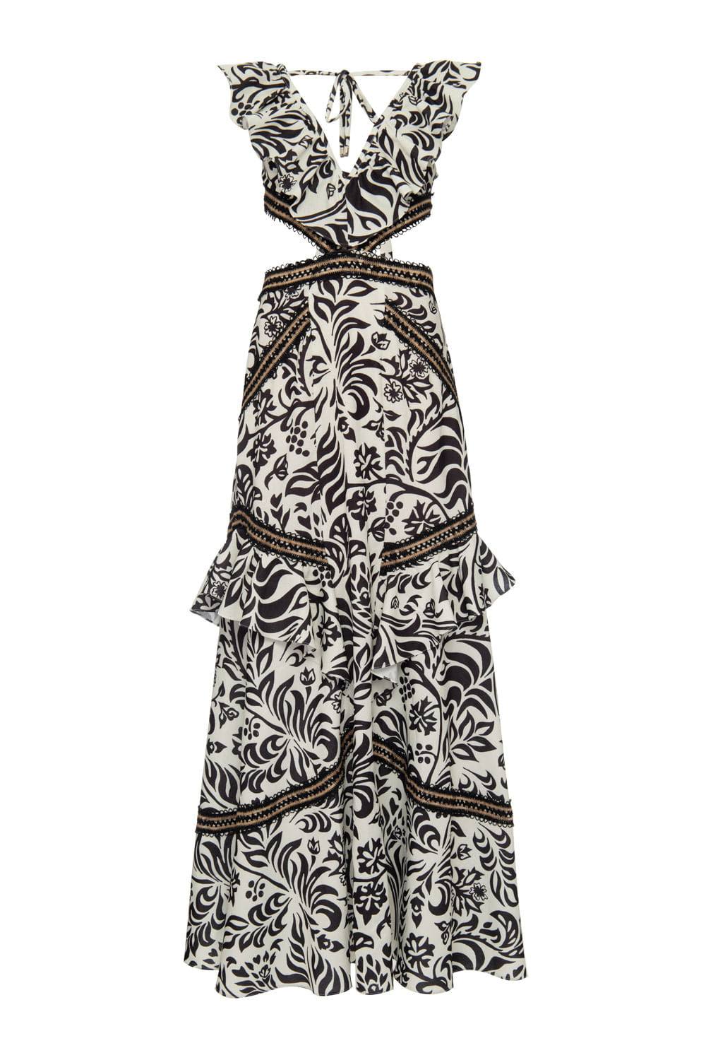 VESTIDO LONGO RECORTES TROPICAL GRÁFICO OFF WHITE