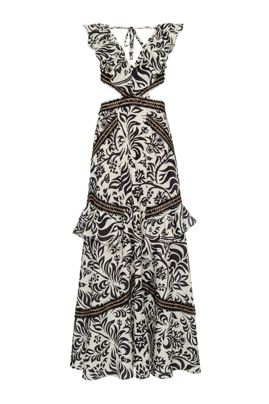 VESTIDO LONGO RECORTES TROPICAL GRÁFICO OFF WHITE