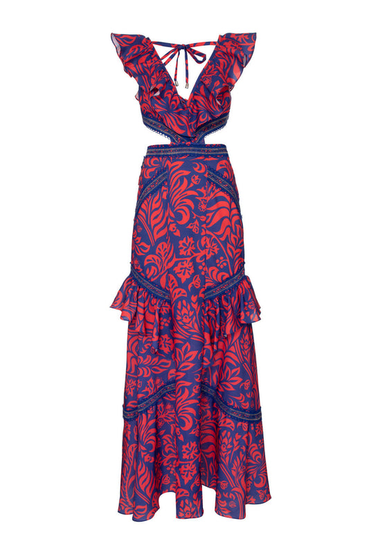 VESTIDO LONGO RECORTES TROPICAL GRÁFICO AZUL