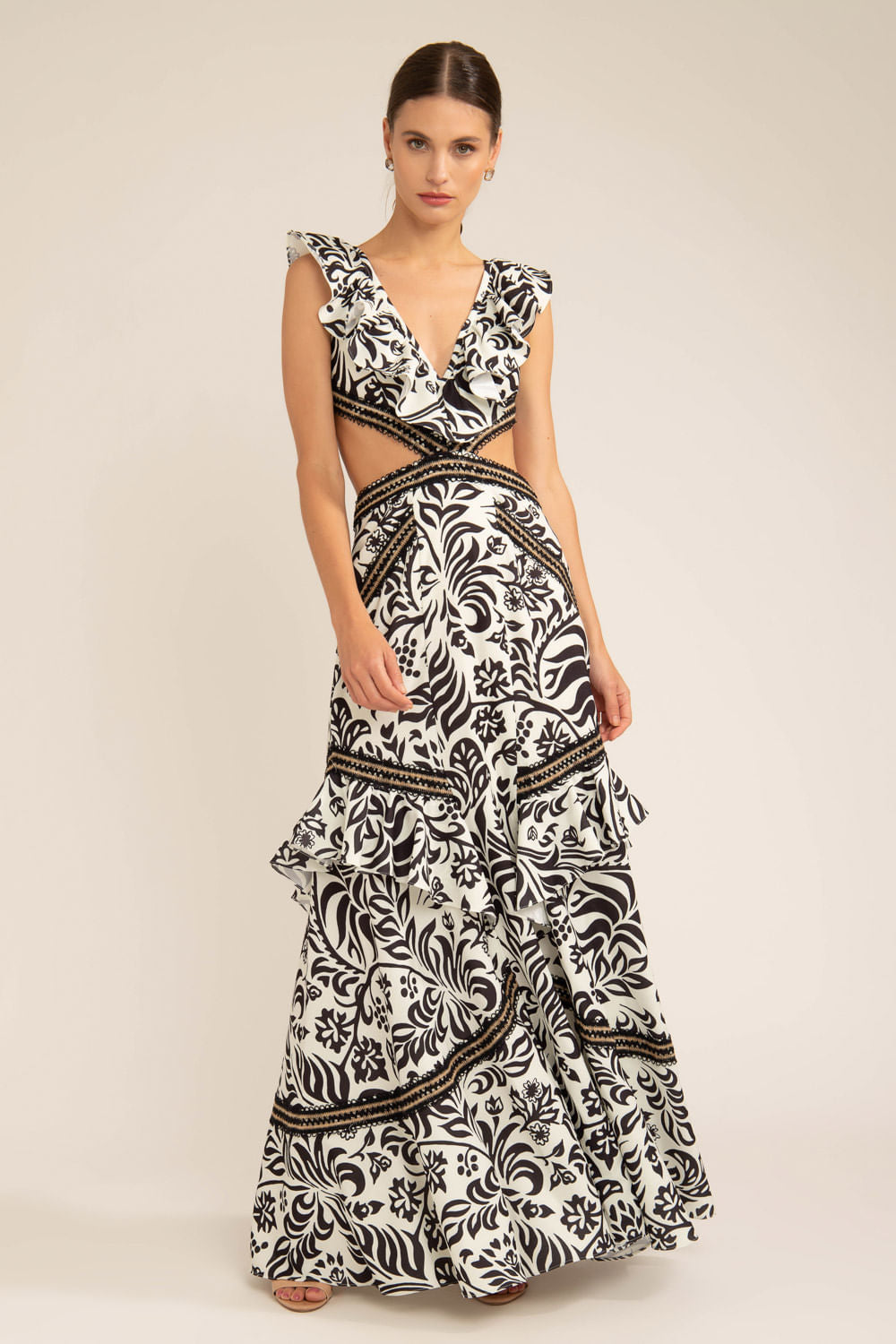 VESTIDO LONGO RECORTES TROPICAL GRÁFICO OFF WHITE