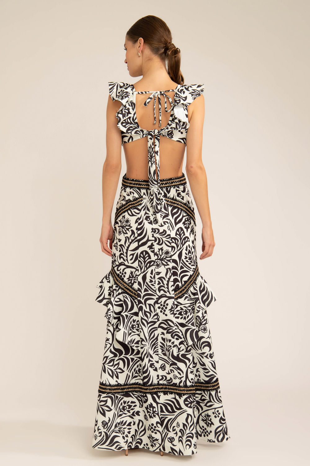 Vestido longo recortes tropical gráfico off white
