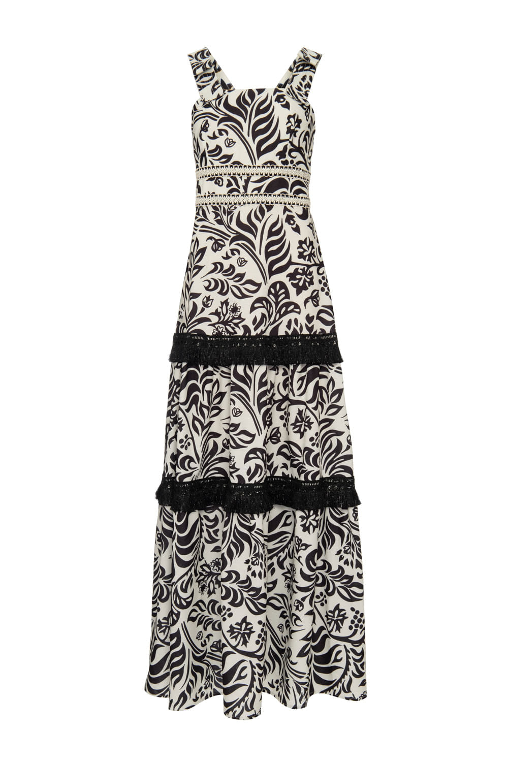 Vestido longo entremeio tropical gráfico off white