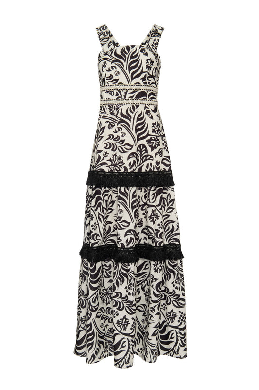 VESTIDO LONGO ENTREMEIO TROPICAL GRÁFICO OFF WHITE