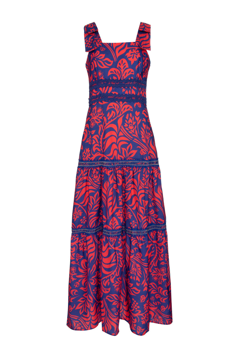 VESTIDO LONGO ENTREMEIO TROPICAL GRÁFICO AZUL