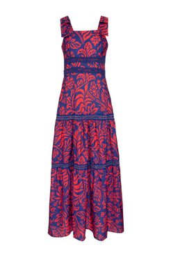 VESTIDO LONGO ENTREMEIO TROPICAL GRÁFICO AZUL