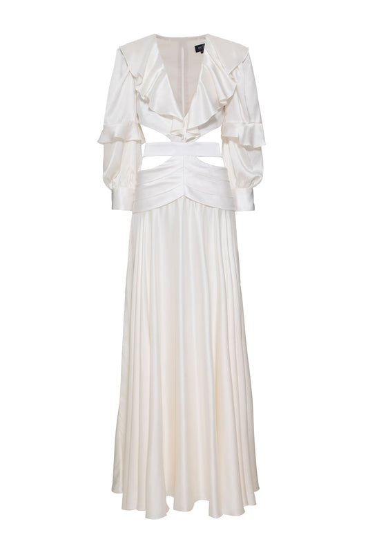 VESTIDO LONGO RECORTES CETIM STATEMENT OFF WHITE