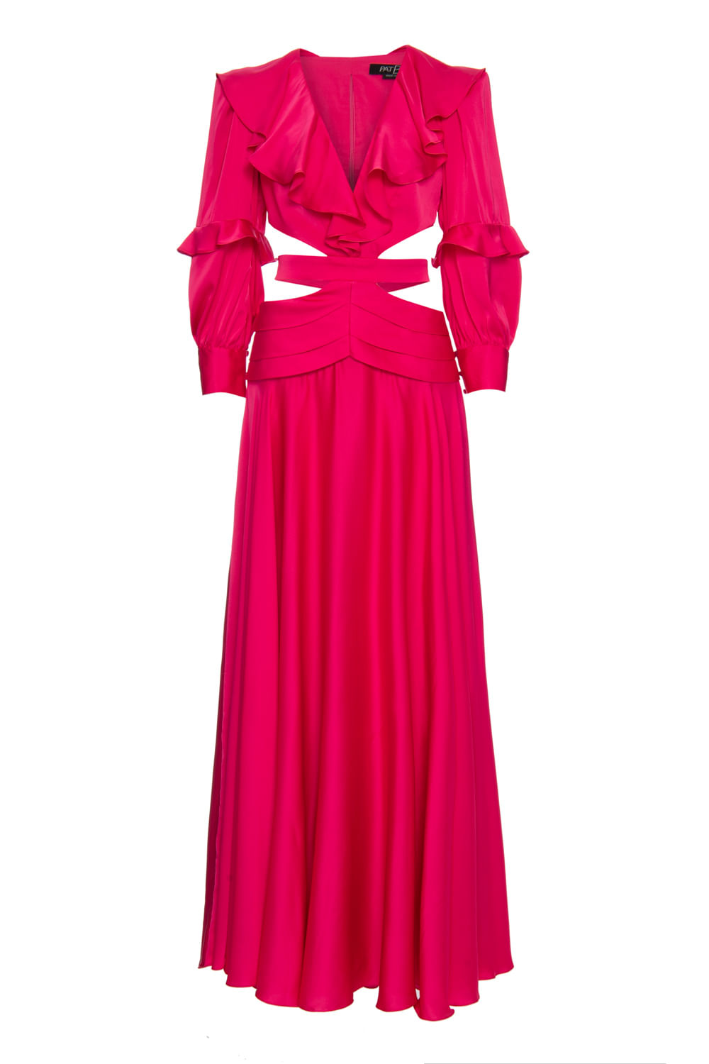 Vestido longo recortes cetim statement pink
