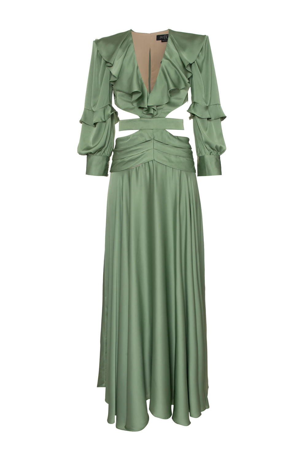 VESTIDO LONGO RECORTES CETIM STATEMENT VERDE