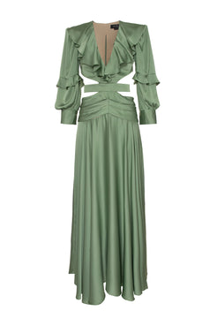 VESTIDO LONGO RECORTES CETIM STATEMENT VERDE