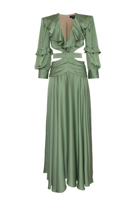 VESTIDO LONGO RECORTES CETIM STATEMENT VERDE