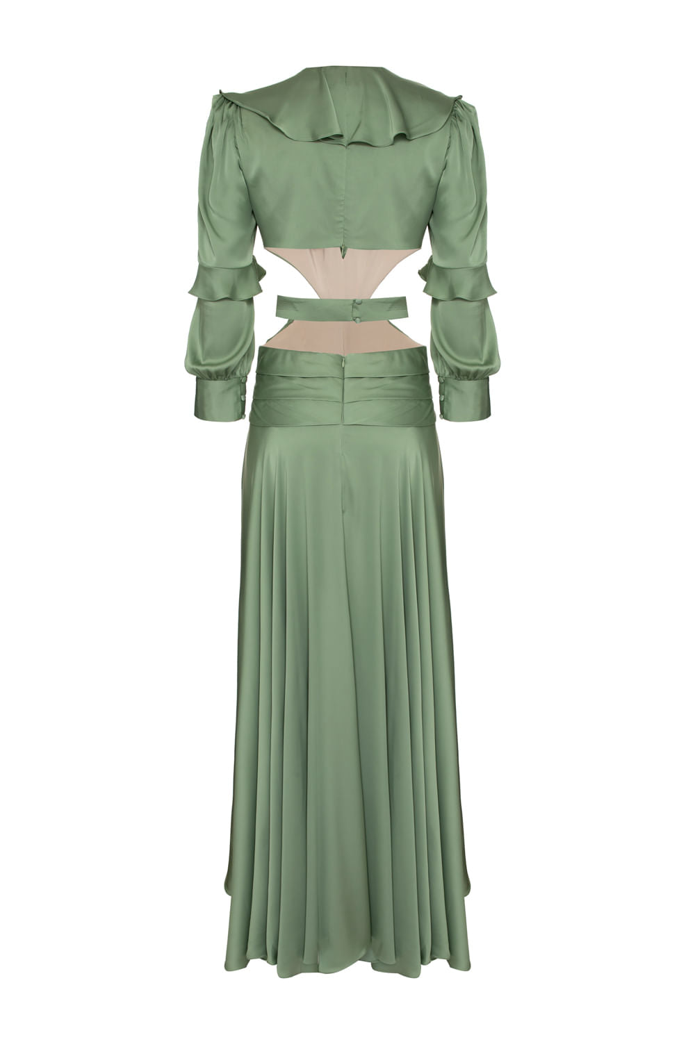 VESTIDO LONGO RECORTES CETIM STATEMENT VERDE