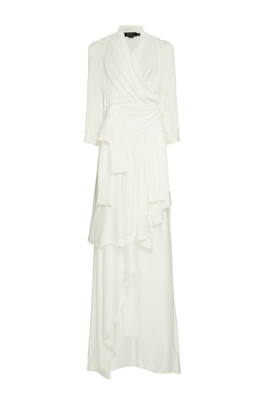 VESTIDO LONGO ASSIMÉTRICO CETIM STATEMENT OFF WHITE