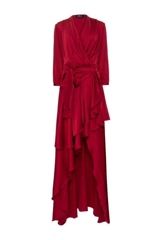 VESTIDO LONGO ASSIMÉTRICO CETIM STATEMENT VERMELHO