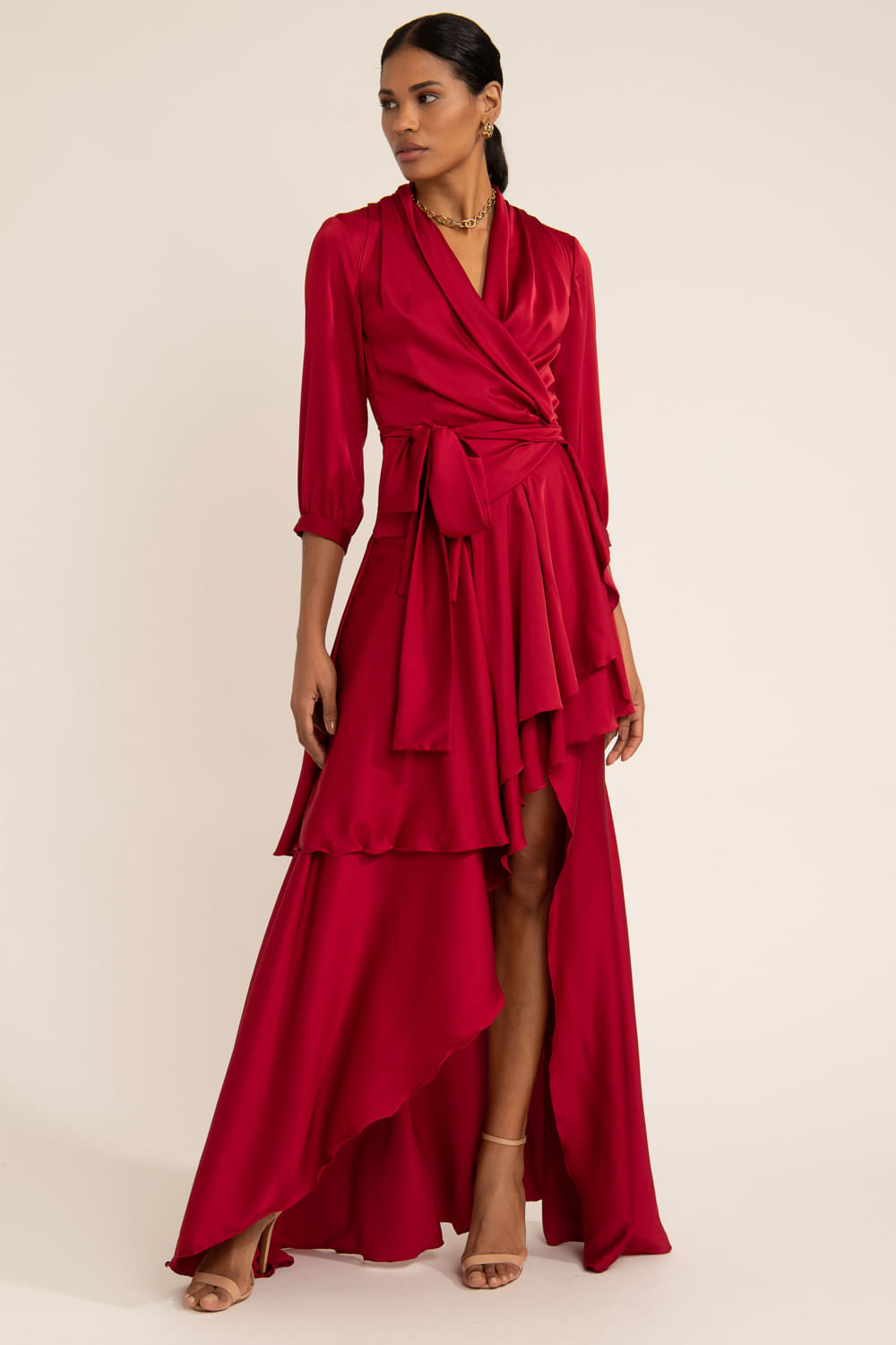 VESTIDO LONGO ASSIMÉTRICO CETIM STATEMENT VERMELHO