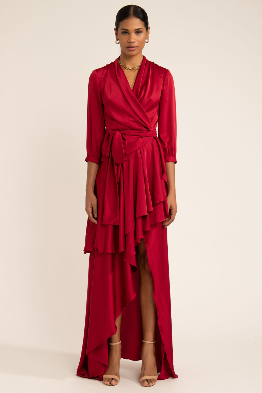 VESTIDO LONGO ASSIMÉTRICO CETIM STATEMENT VERMELHO