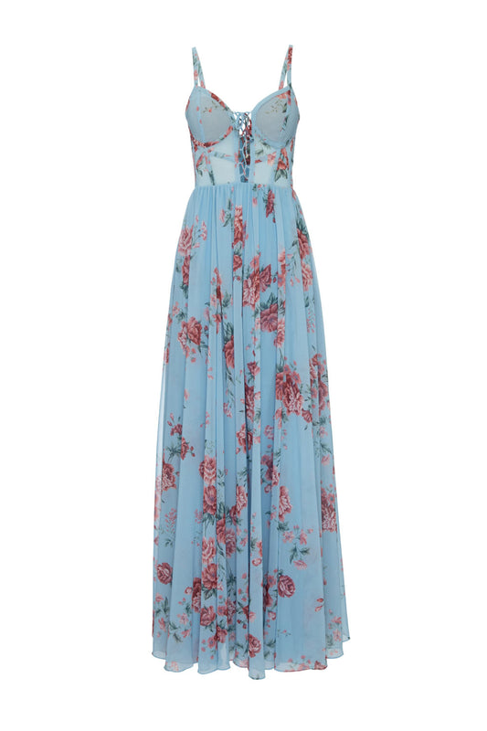 VESTIDO LONGO FLORAL OLGA  AZUL