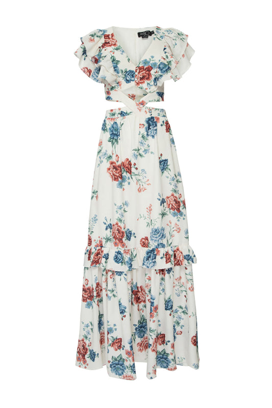 VESTIDO LONGO BABADO FLORAL OLGA OFF WHITE