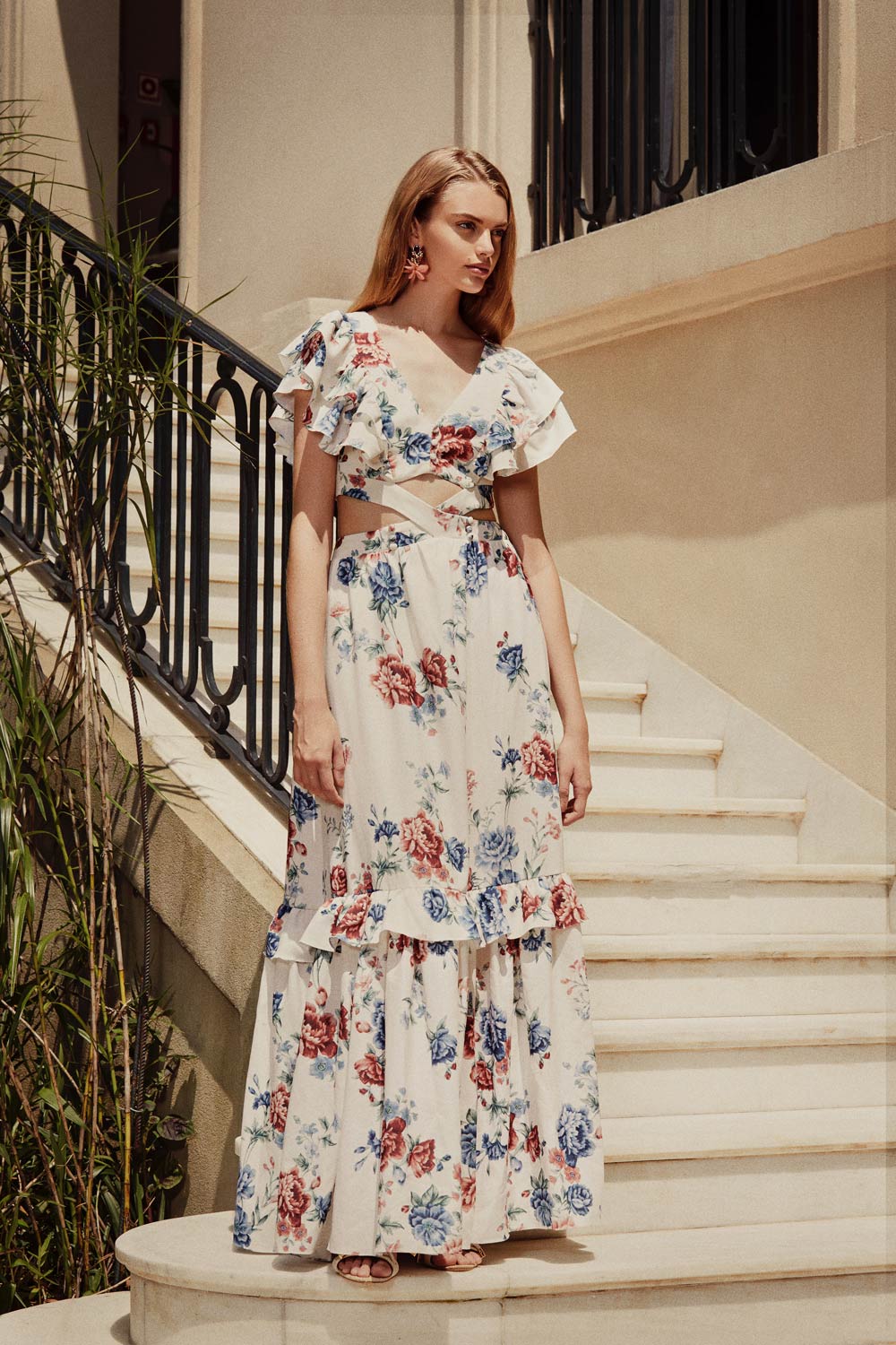 VESTIDO LONGO BABADO FLORAL OLGA OFF WHITE